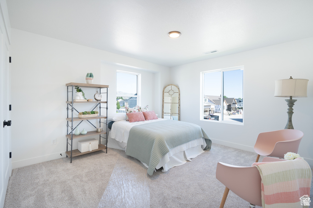 Carpeted bedroom with multiple windows