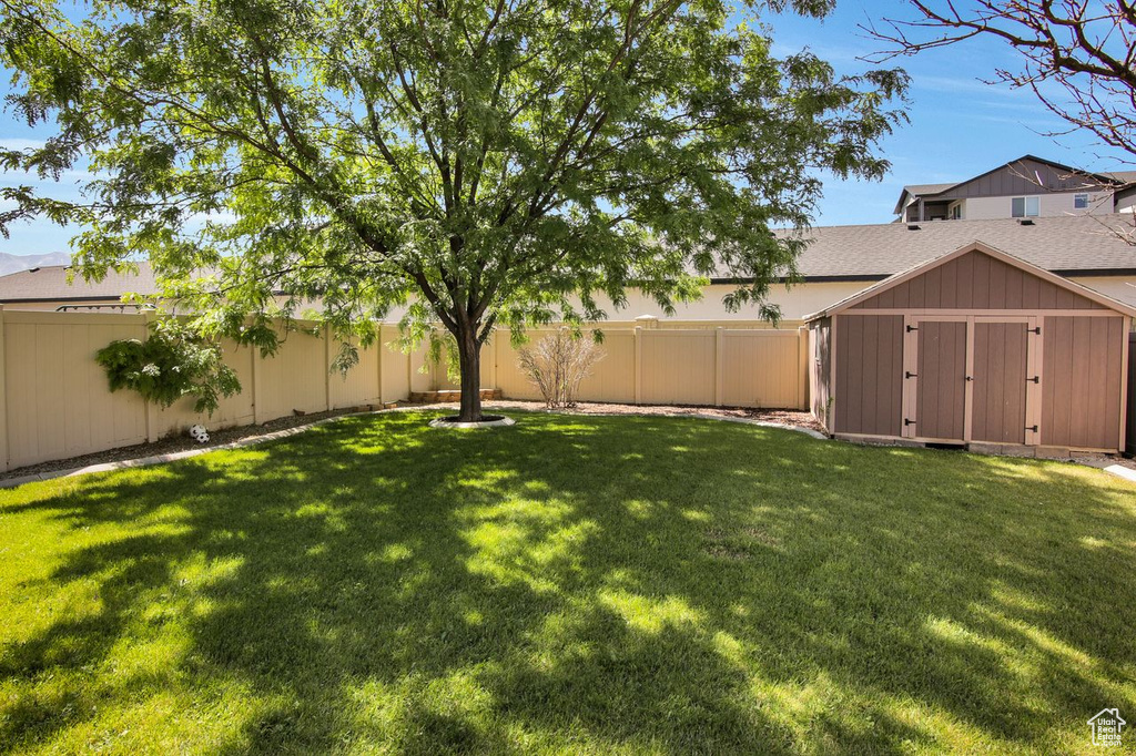 Fenced backyard with a storage unit