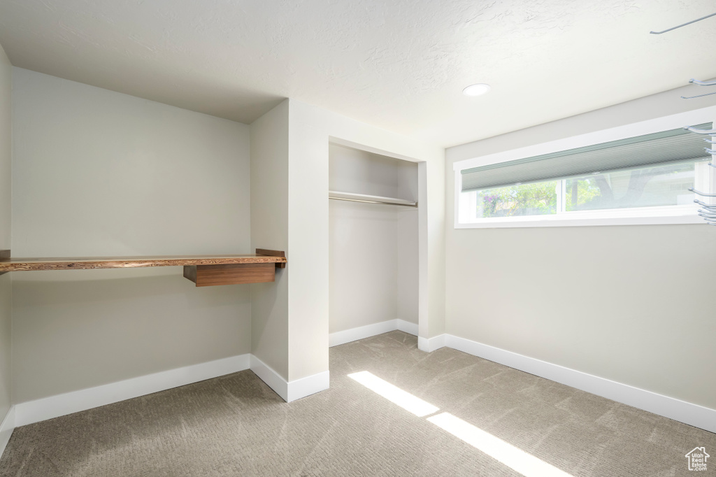 Walk in closet featuring light colored carpet