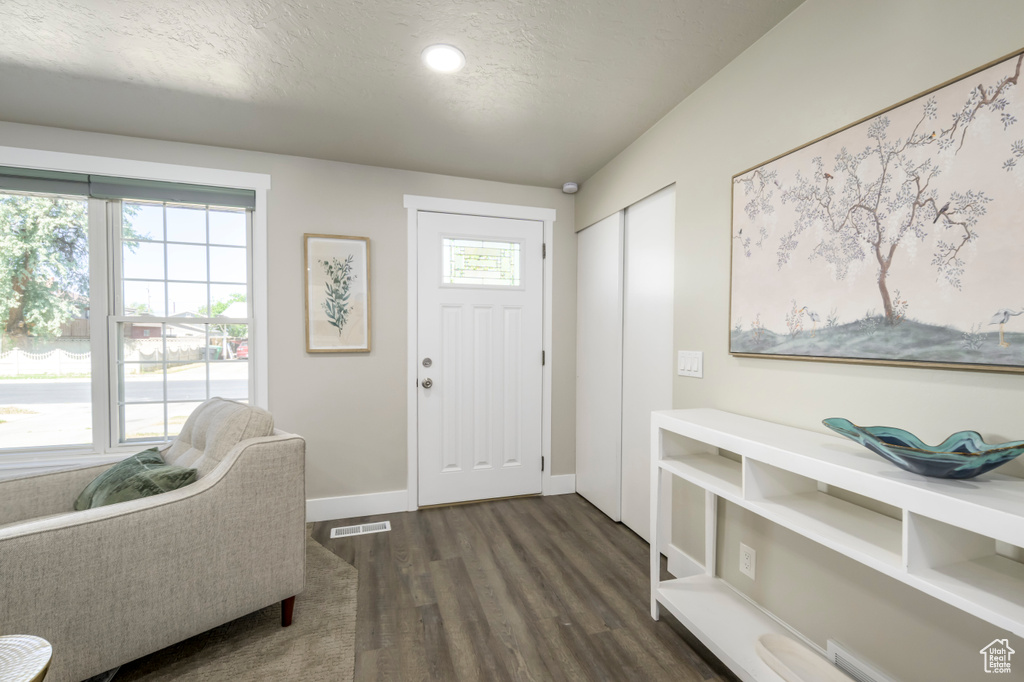 Entrance foyer featuring dark wood finished floors, plenty of natural light, and a textured ceiling