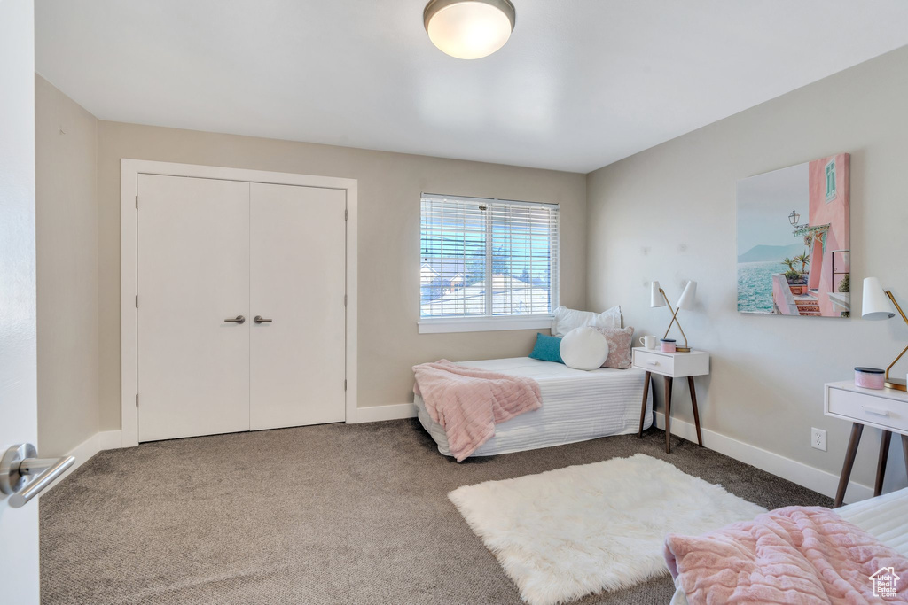 Bedroom featuring carpet and a closet