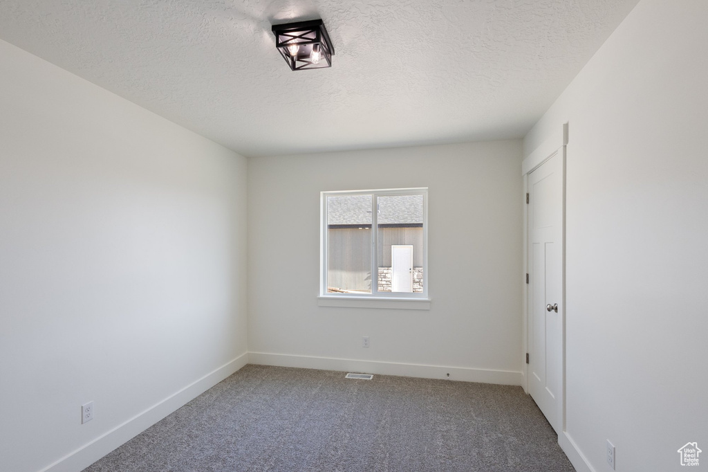 Empty room featuring carpet and a textured ceiling