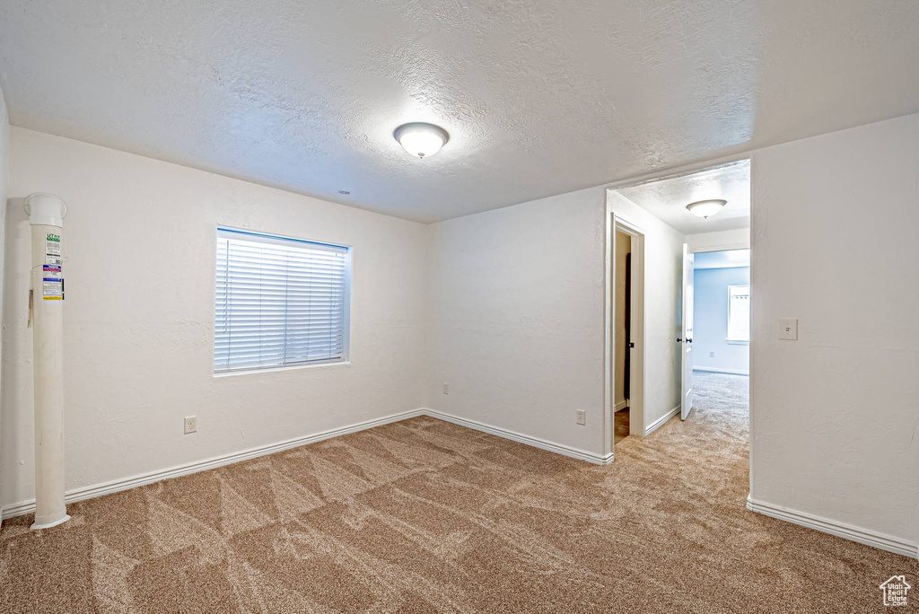 Spare room with carpet floors and a textured ceiling