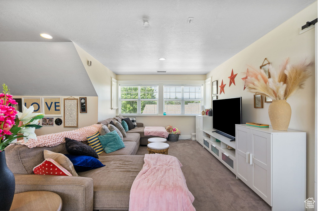 Carpeted living room featuring recessed lighting