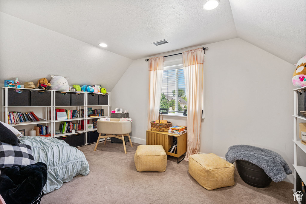 Recreation room with lofted ceiling, carpet floors, a textured ceiling, and recessed lighting