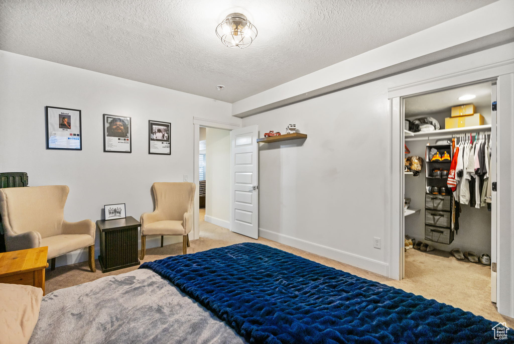 Carpeted bedroom featuring a textured ceiling, a spacious closet, and a closet