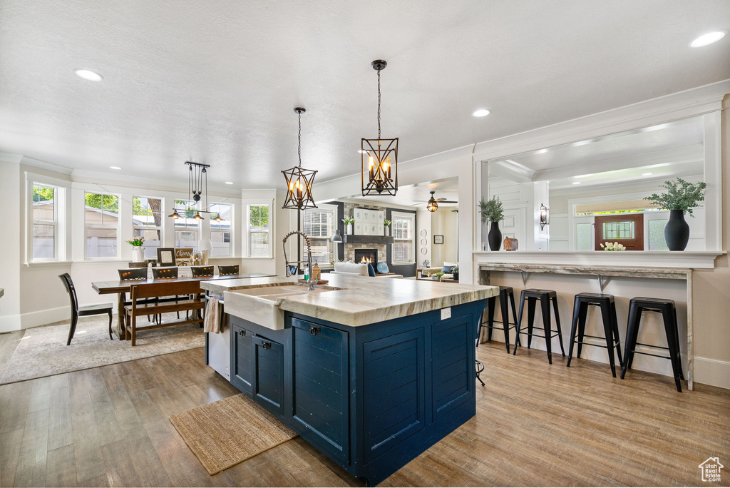Kitchen featuring blue cabinetry, a stone fireplace, wood finished floors, ornamental molding, and recessed lighting