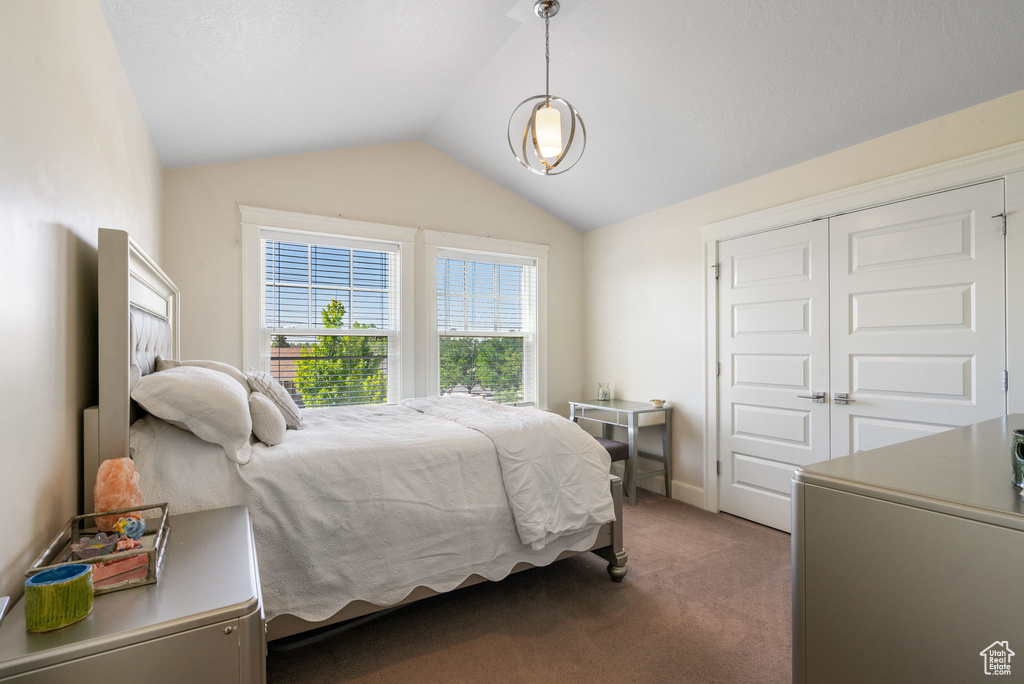 Bedroom with carpet floors, lofted ceiling, and a closet
