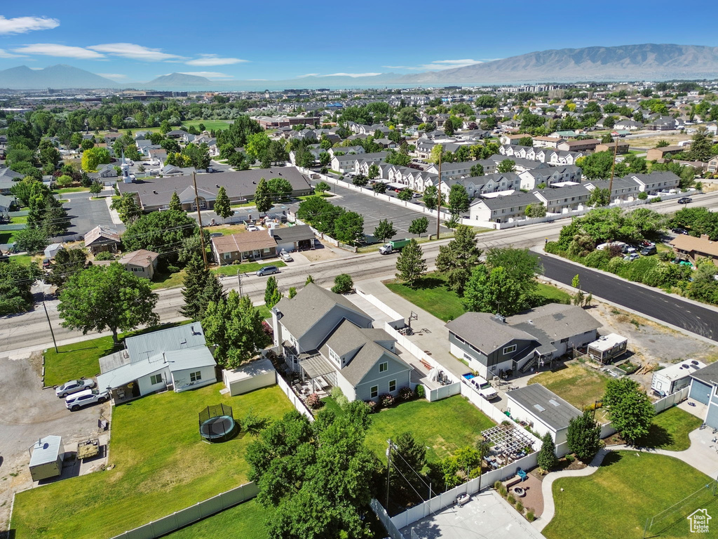 Aerial view of residential area with mountains