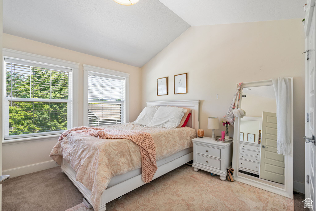 Bedroom with multiple windows and lofted ceiling