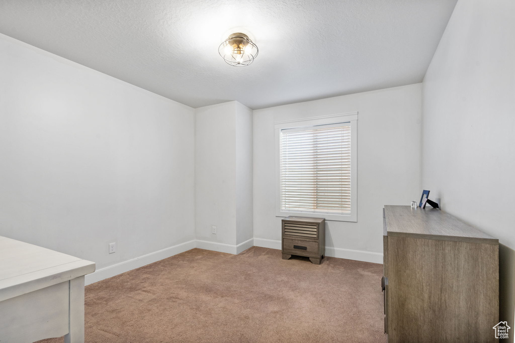 Home office featuring light colored carpet and baseboards