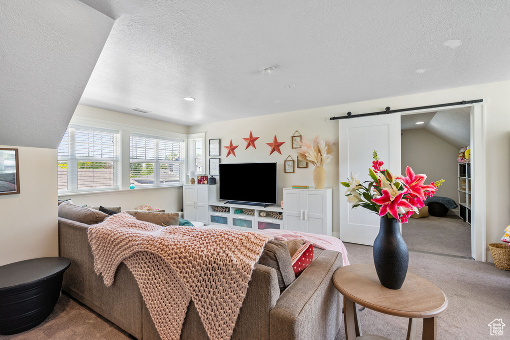 Living area with carpet flooring, a barn door, a textured ceiling, and recessed lighting
