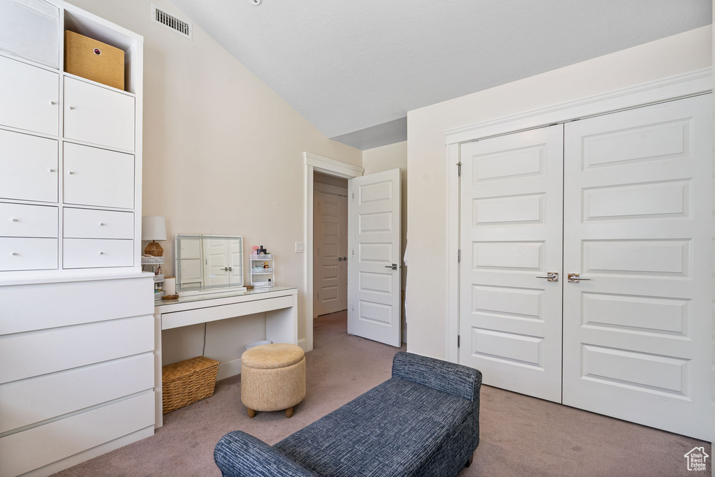 Living area with light colored carpet and lofted ceiling
