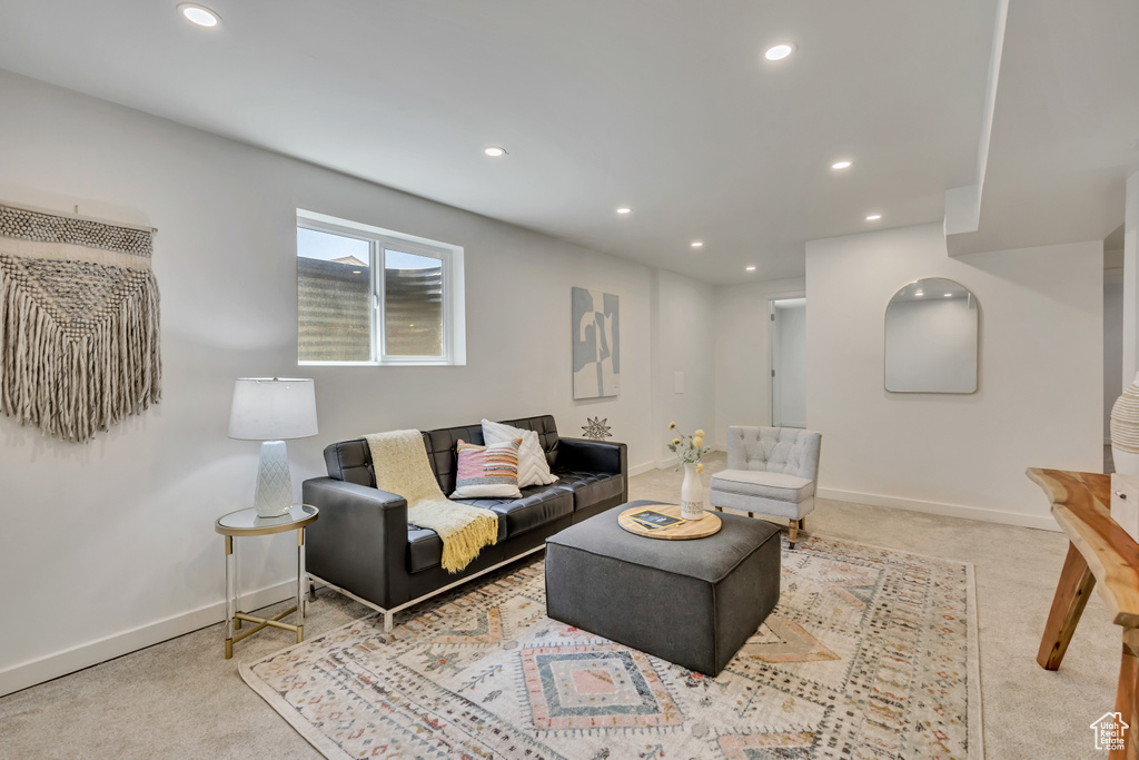 Living room featuring recessed lighting and carpet flooring