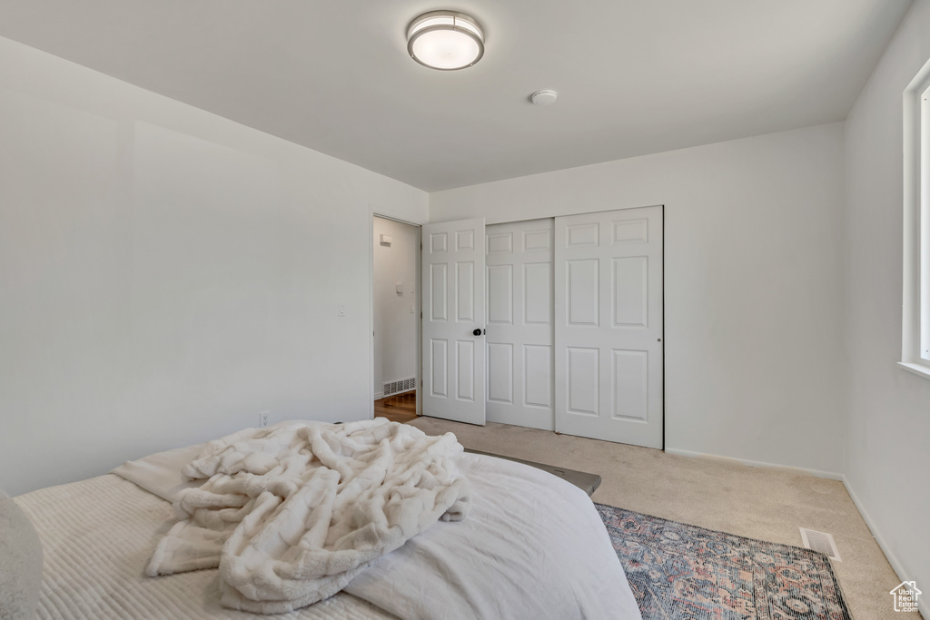 Carpeted bedroom featuring a closet