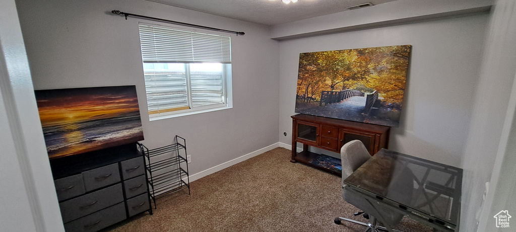 Carpeted home office with baseboards