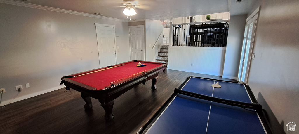 Recreation room featuring wood finished floors, pool table, a ceiling fan, and crown molding