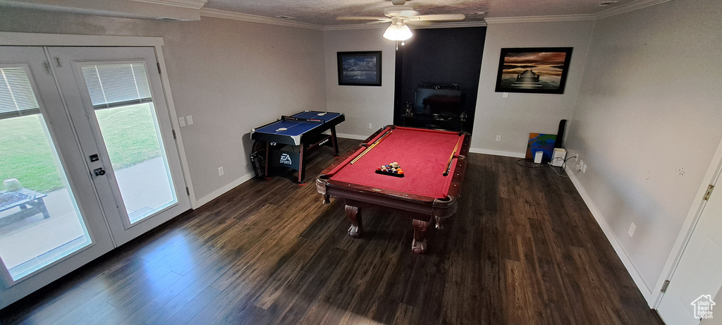 Recreation room featuring wood finished floors, pool table, a ceiling fan, and crown molding