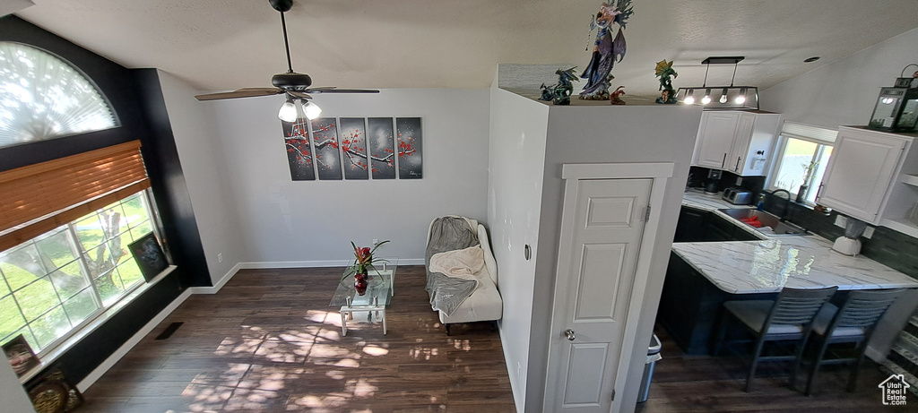 Dining area with dark wood-style floors and ceiling fan