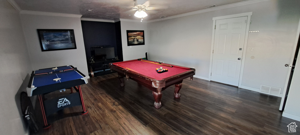 Rec room with wood finished floors, a ceiling fan, pool table, and ornamental molding