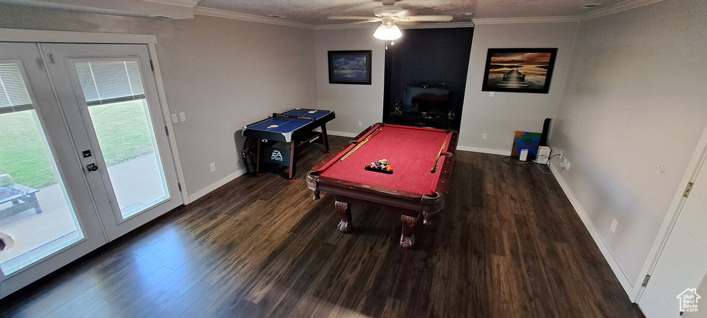 Rec room with wood finished floors, billiards table, ceiling fan, and crown molding
