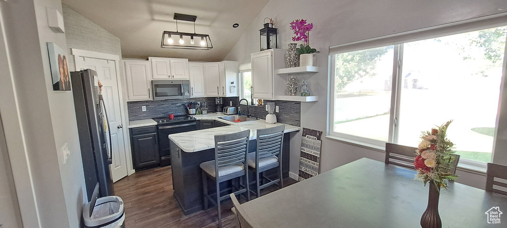 Kitchen featuring stainless steel appliances, open shelves, plenty of natural light, and lofted ceiling