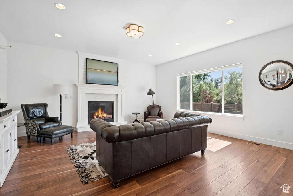 Living room with a high end fireplace, dark wood-type flooring, and recessed lighting