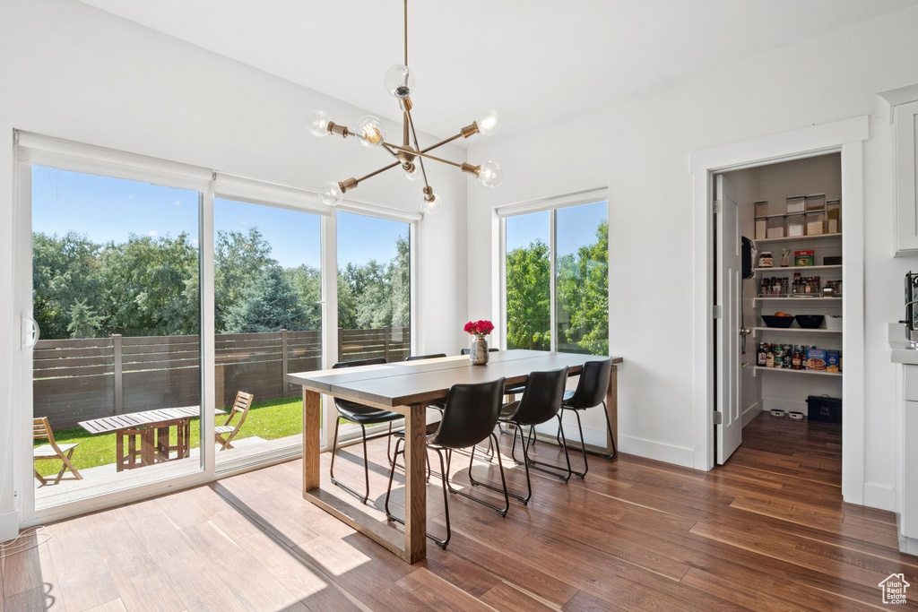 Dining area featuring a chandelier and wood finished floors