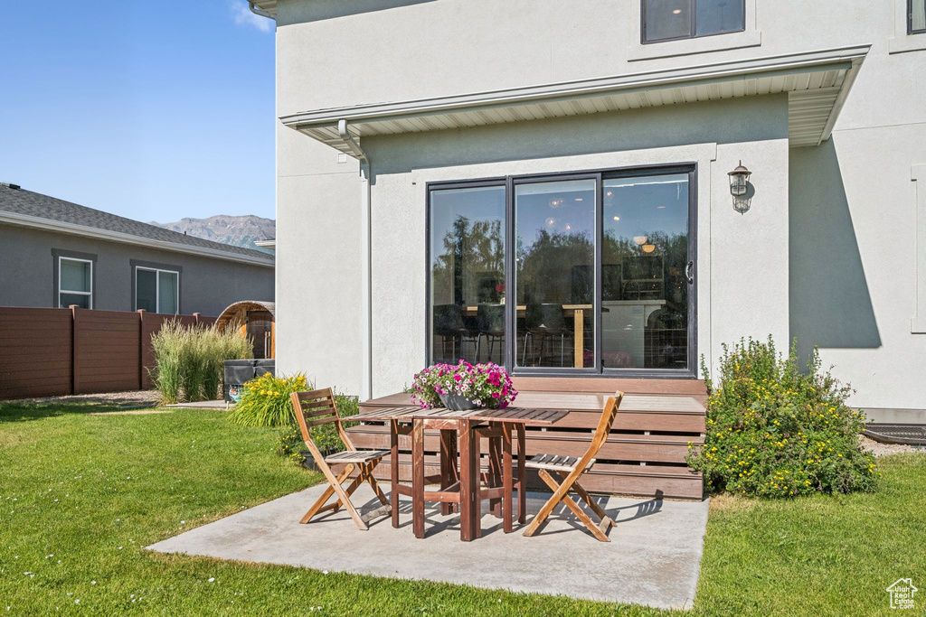 View of patio featuring a mountain view