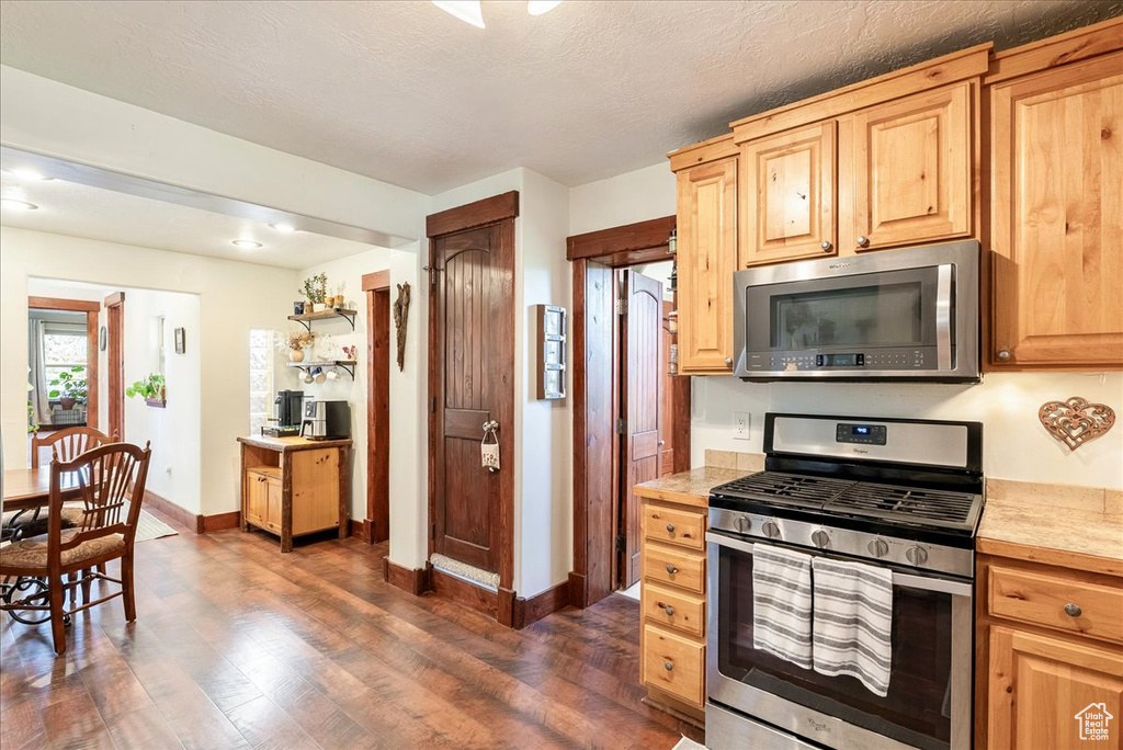 Kitchen with stainless steel appliances, dark wood finished floors, and light countertops