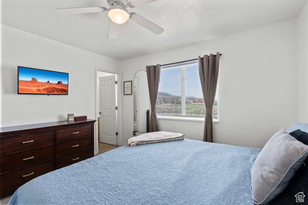 Bedroom featuring a ceiling fan and wood finished floors