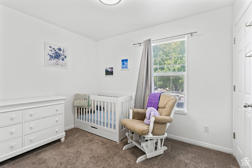 Bedroom with carpet floors and a nursery area