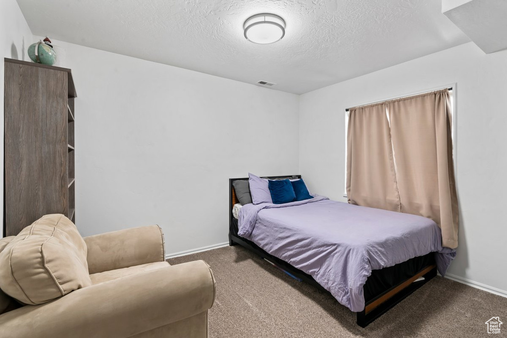 Bedroom featuring carpet and a textured ceiling