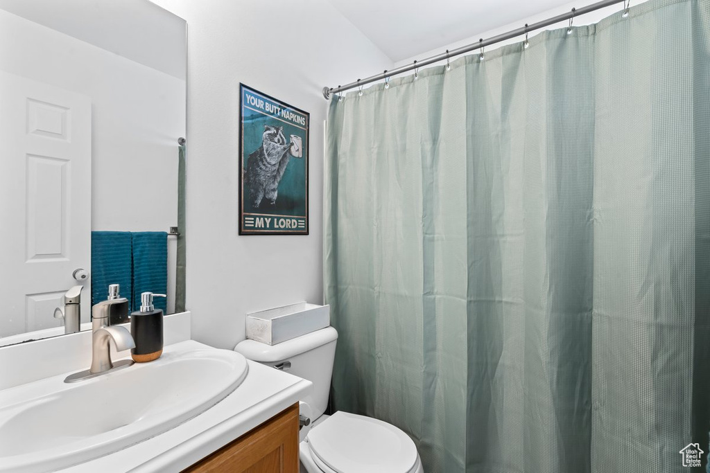 Full bathroom with vanity and a shower with curtain