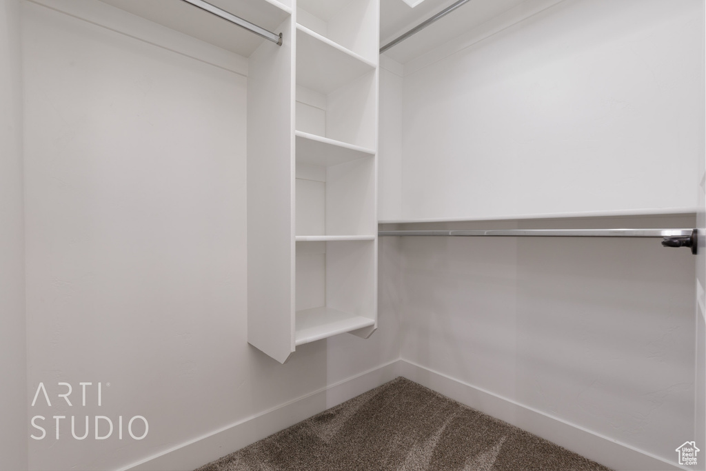 Walk in closet featuring dark colored carpet