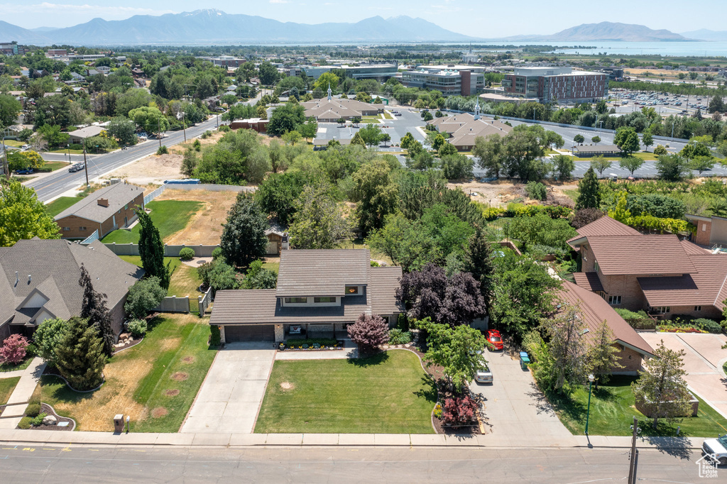 Aerial perspective of suburban area featuring mountains