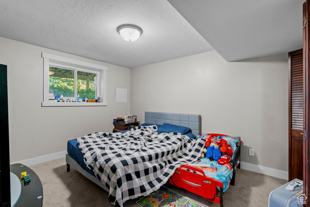 Bedroom with carpet flooring and a textured ceiling