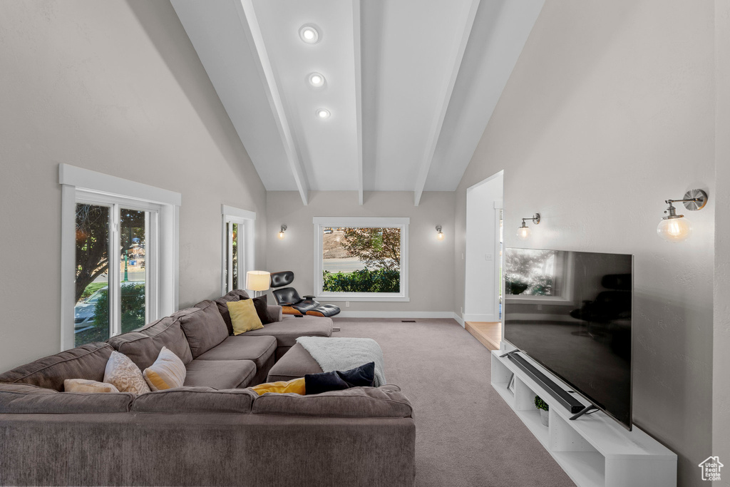 Carpeted living room featuring baseboards and recessed lighting