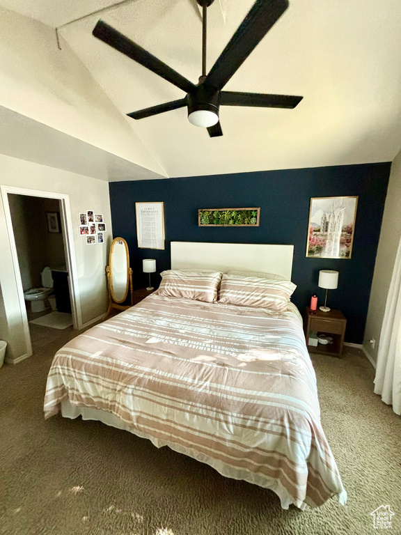 Bedroom with carpet, vaulted ceiling, and ceiling fan