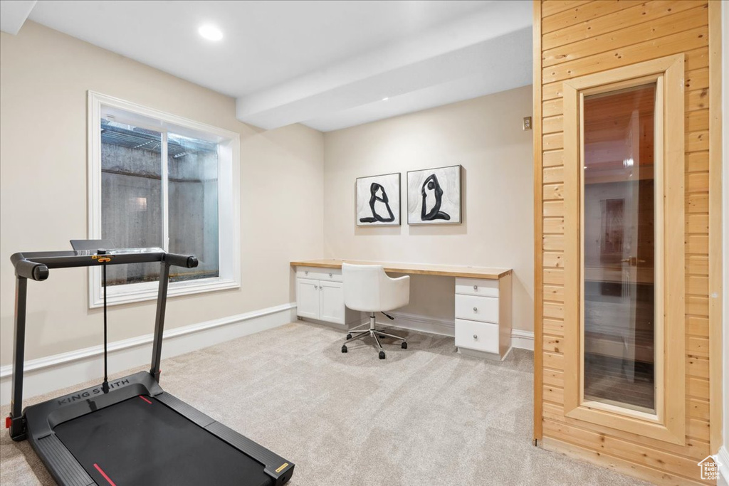 Office area featuring light carpet and recessed lighting