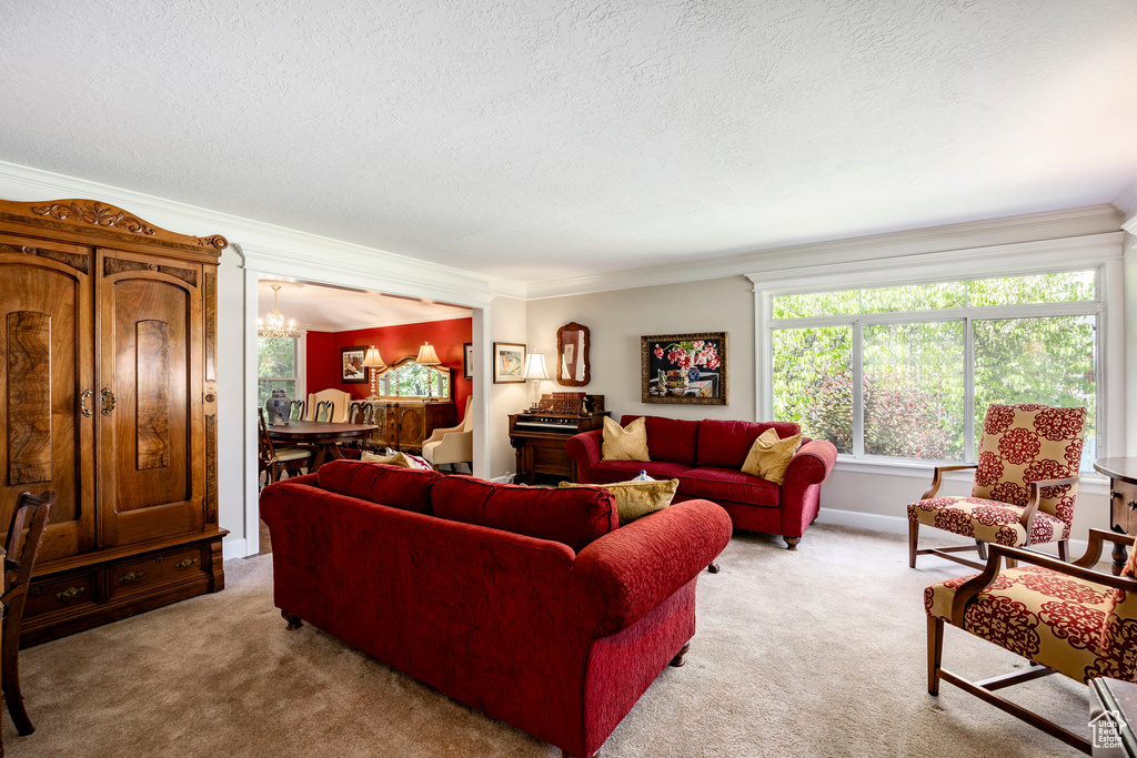 Living area with light carpet, a textured ceiling, ornamental molding, and a chandelier