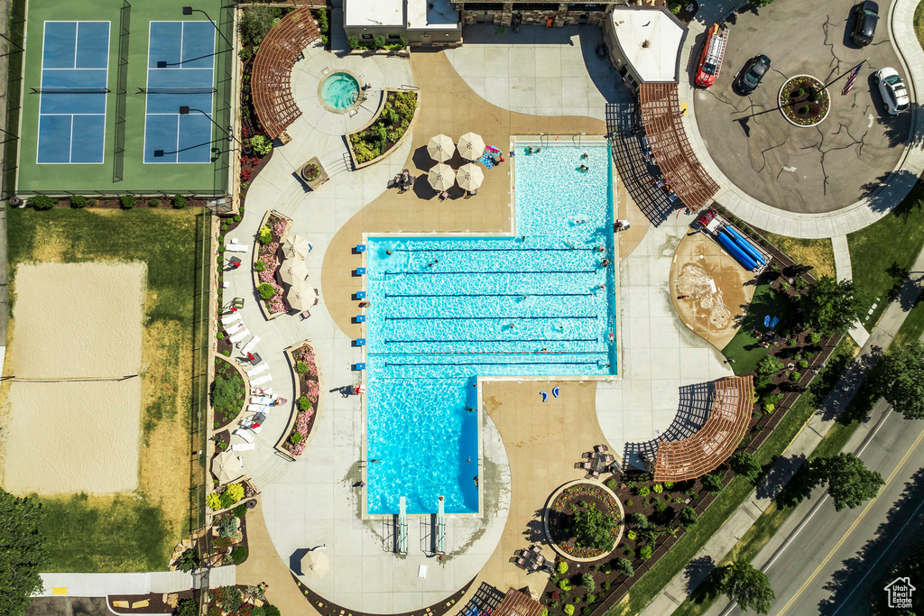 Aerial view of a pool
