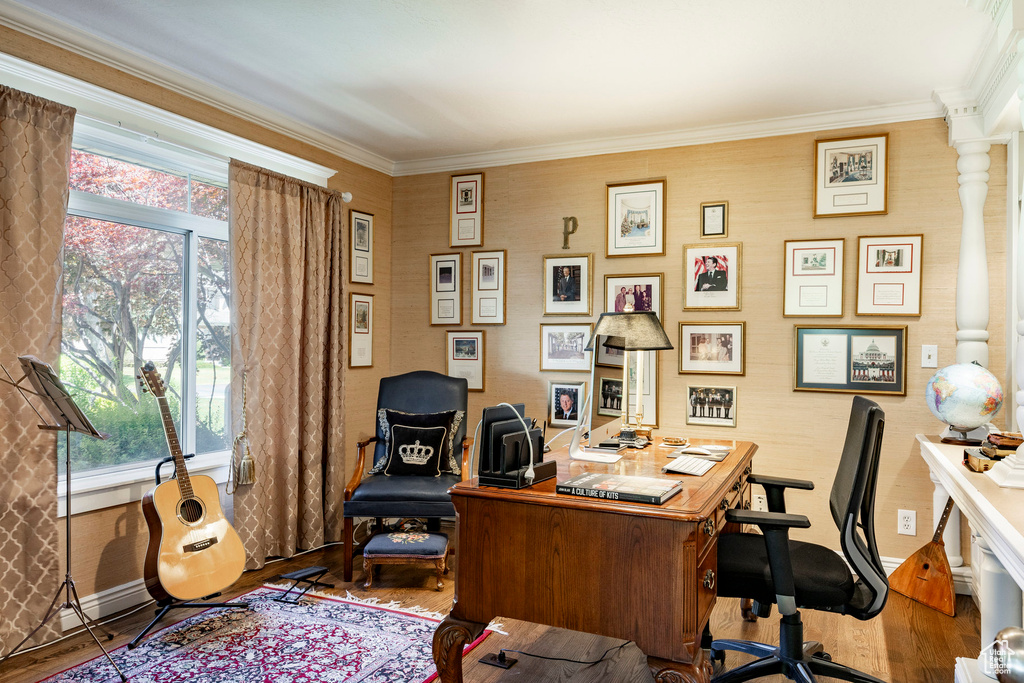 Office area featuring wood finished floors, healthy amount of natural light, and crown molding