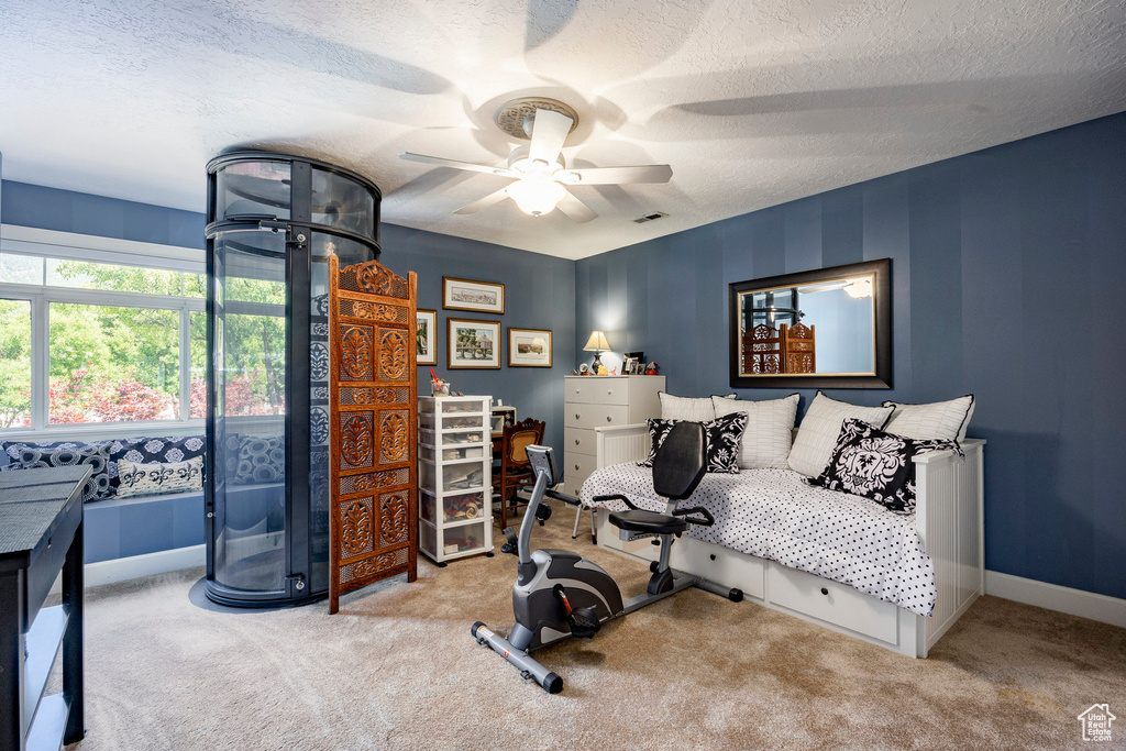 Exercise area featuring a ceiling fan, carpet, and a textured ceiling