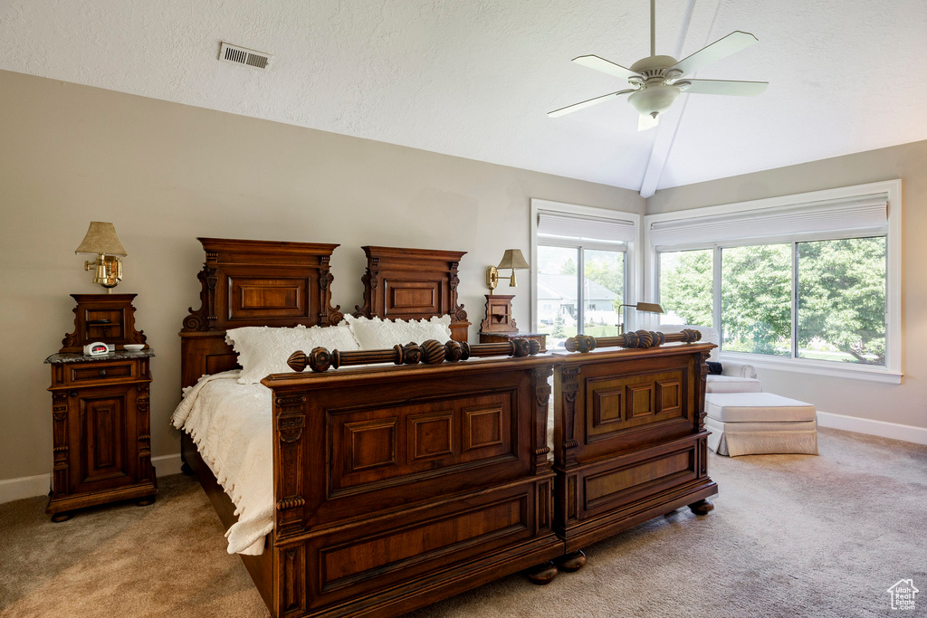 Bedroom with light colored carpet and lofted ceiling