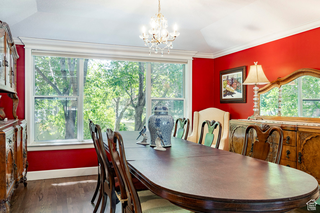 Dining space with a chandelier, wood finished floors, plenty of natural light, and crown molding