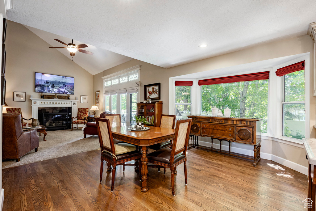 Dining room with a ceiling fan, wood finished floors, a glass covered fireplace, and high vaulted ceiling