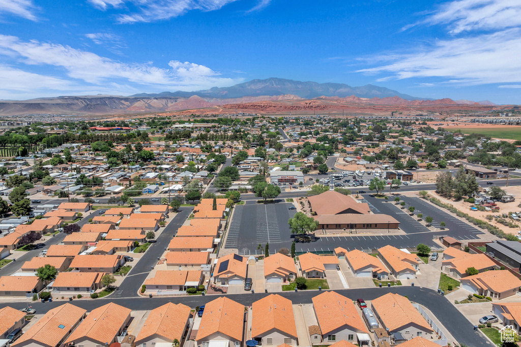 Aerial perspective of suburban area featuring mountains