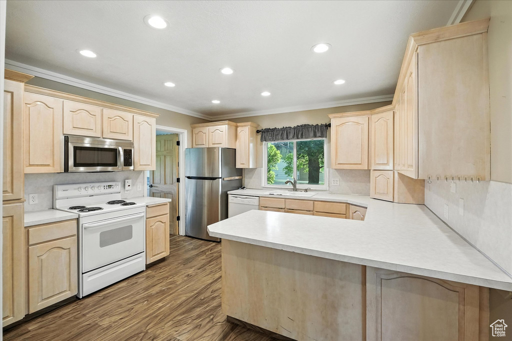 Kitchen with stainless steel appliances, light brown cabinetry, ornamental molding, a peninsula, and recessed lighting