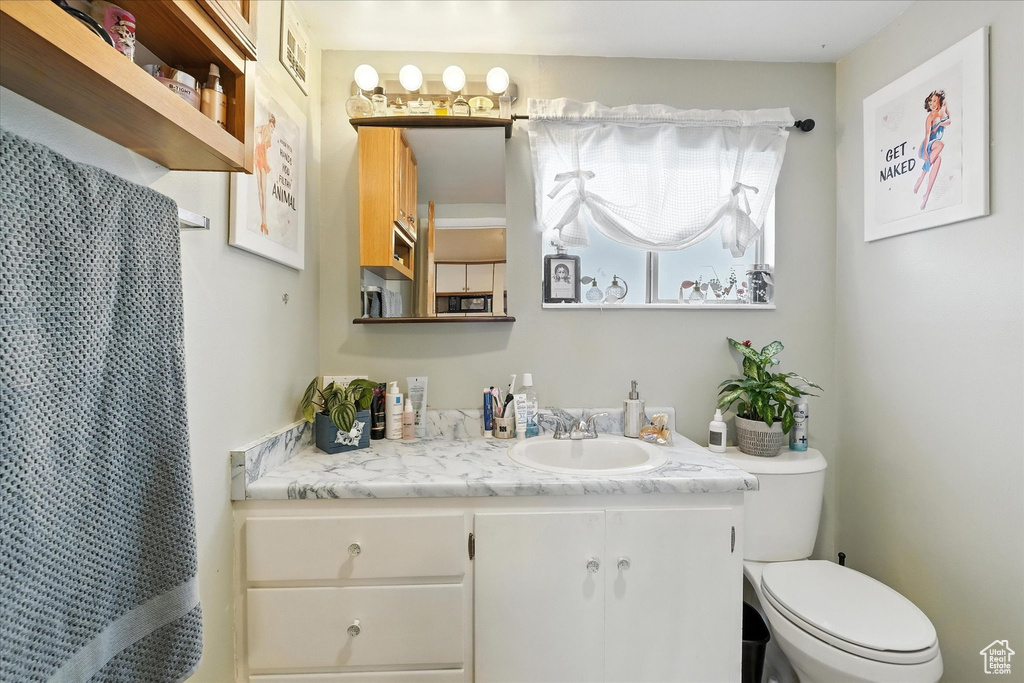 Full bathroom featuring vanity and a shower with shower curtain